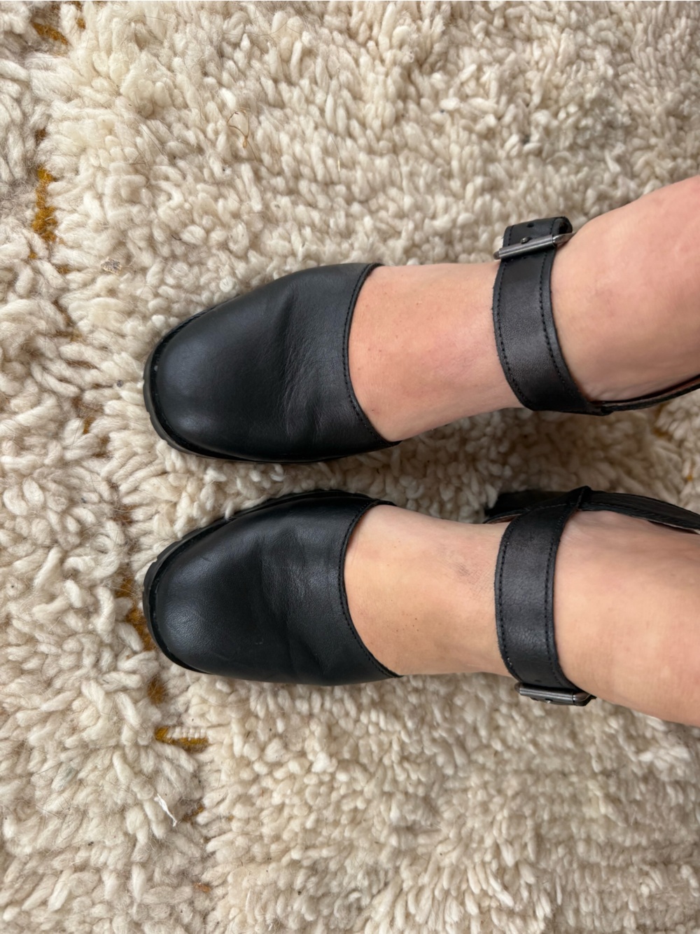 Black Leather Ankle-Strap Mary Jane Chunky Heels